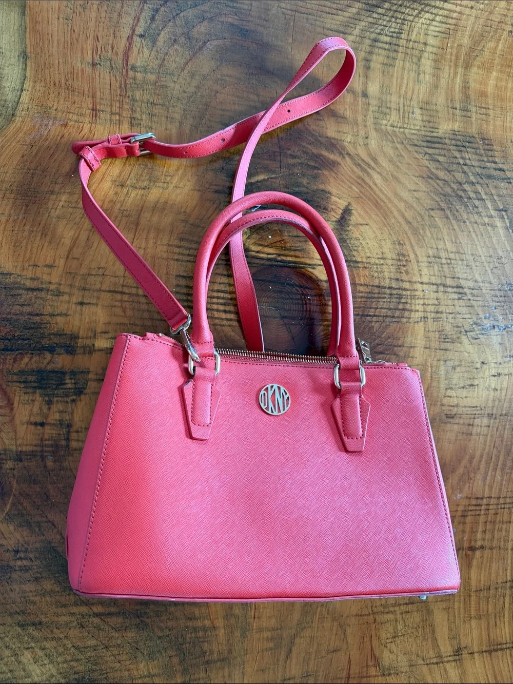 DKNY Orange Saffiano Leather Satchel with Detachable Strap
